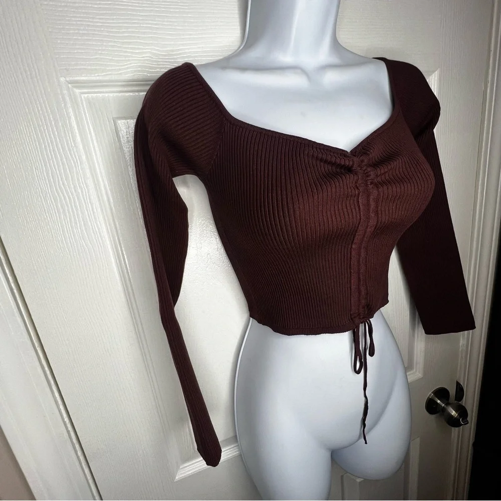 NWT Zara Women’s Medium Brown Rib Knit Off Shoulder Crop Top Sweater M